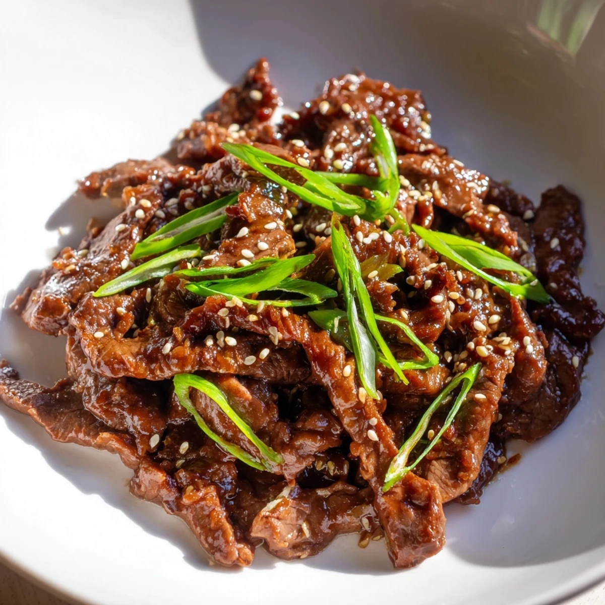 Platter of tender Ultimate Slow Cooker Mongolian Beef, garnished and ready to enjoy with chopsticks nearby.