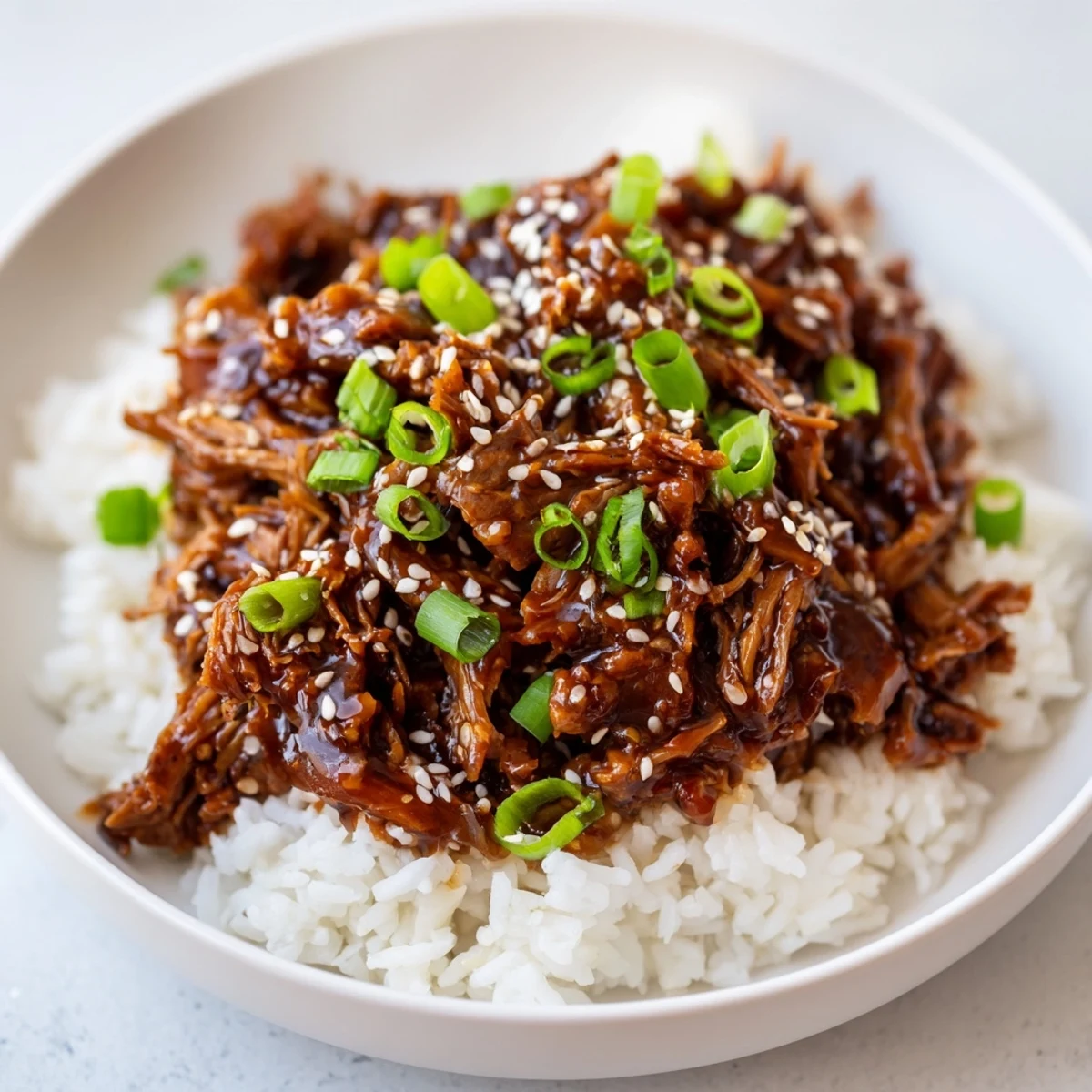 Steaming bowl of Crock Pot Korean Beef with caramelized onions and sesame seeds, nestled in fresh lettuce wraps for dinner.