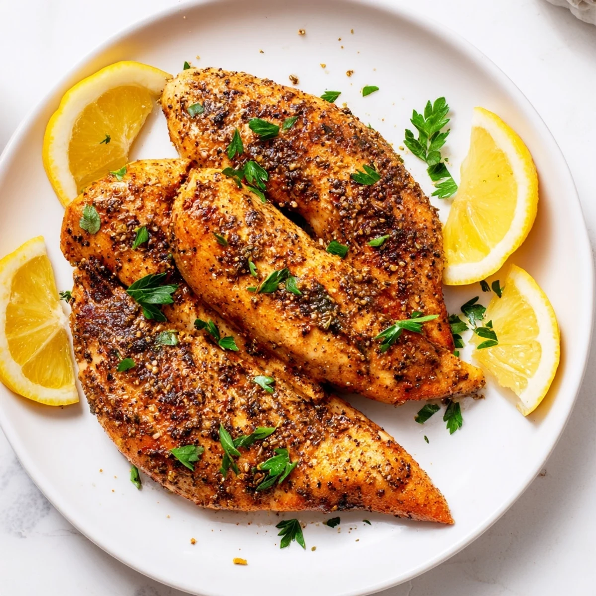 Golden-brown Oven Baked Chicken Breasts rest on a platter, garnished with fresh parsley and lemon wedges.