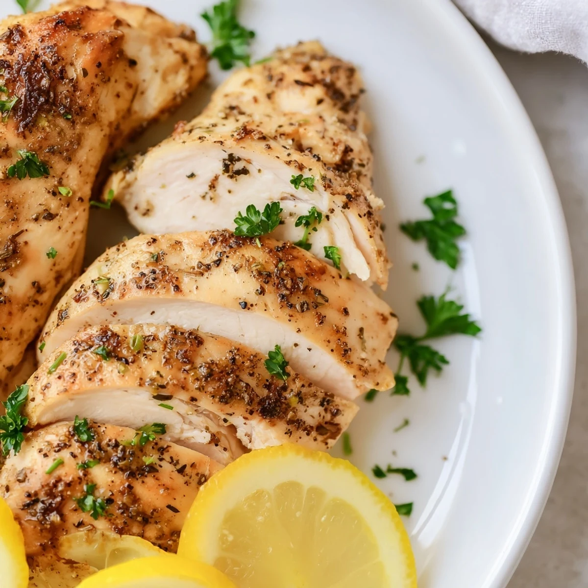 Freshly baked Oven Baked Chicken Breasts are sliced to reveal juicy, tender meat inside a baking dish.