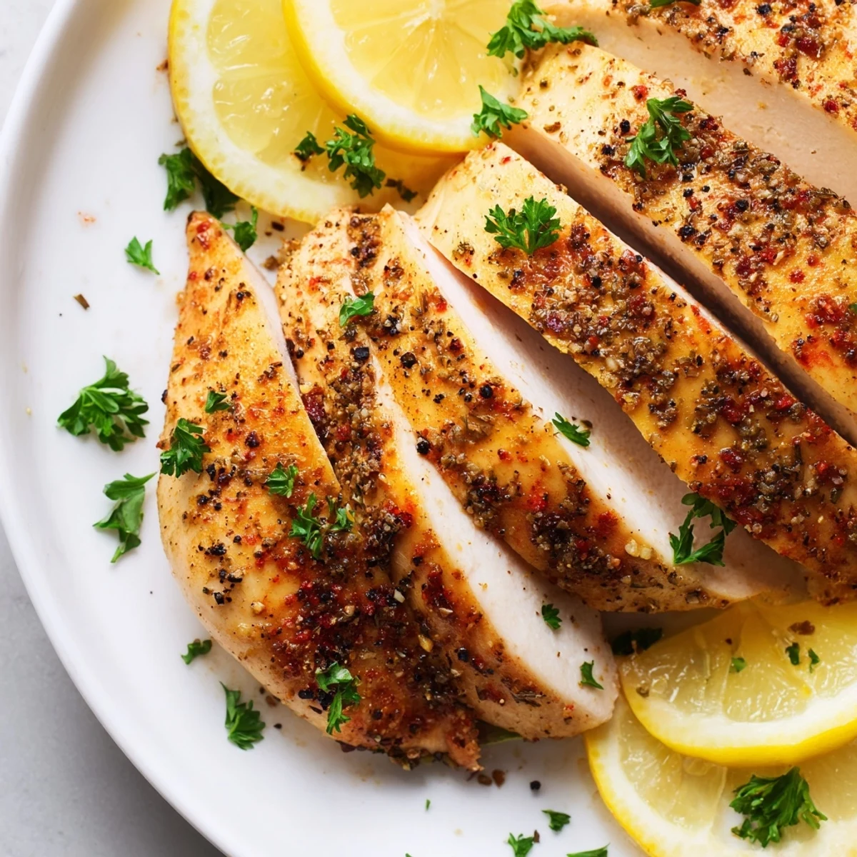 Oven Baked Chicken Breasts sit beside roasted vegetables on a plate, ready for a healthy weeknight dinner.