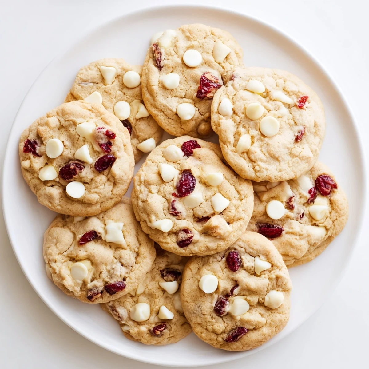 Freshly baked White Chocolate Cranberry Cookies stacked on a cooling rack, with creamy white chocolate chips and tart cranberries visible.