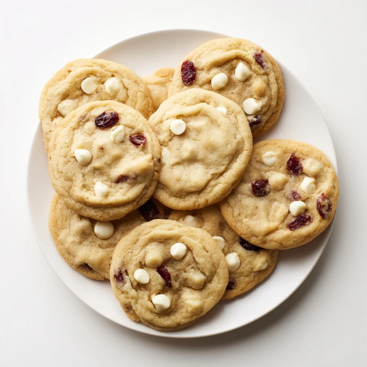 Overhead view of golden-brown White Chocolate Cranberry Cookies on a wooden board, surrounded by fresh cranberries for decoration.
