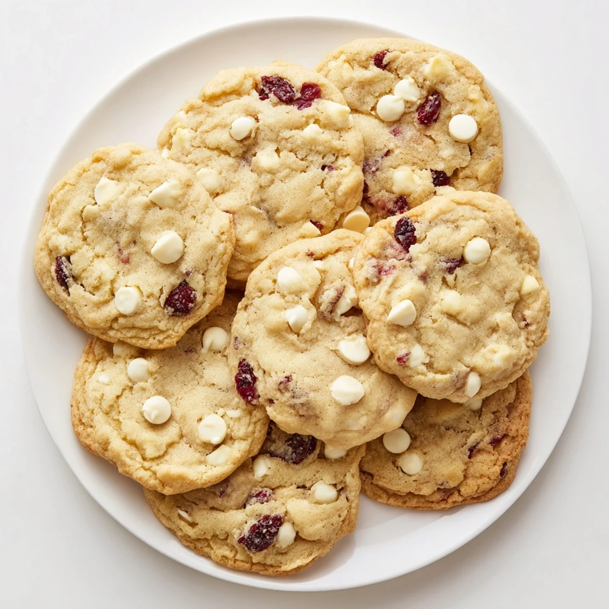 A close-up of soft, chewy White Chocolate Cranberry Cookies on a white plate, drizzled with white chocolate for a festive touch.