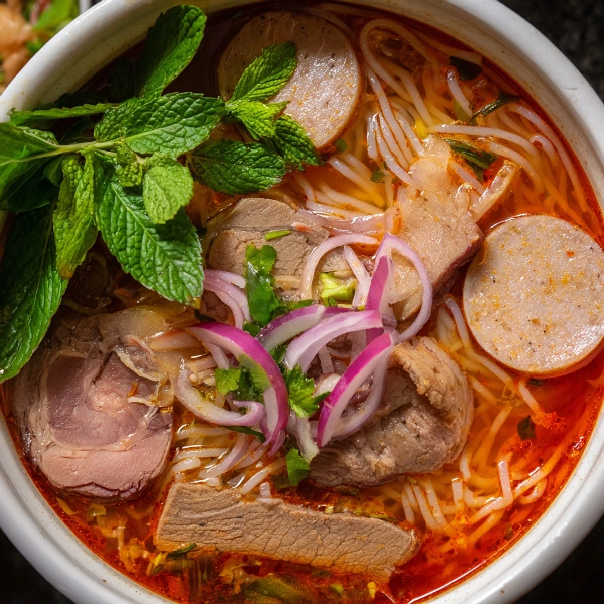 Hot Bun Bo Hue served in a steaming bowl with thick rice noodles, tender beef slices, and fresh herbs.