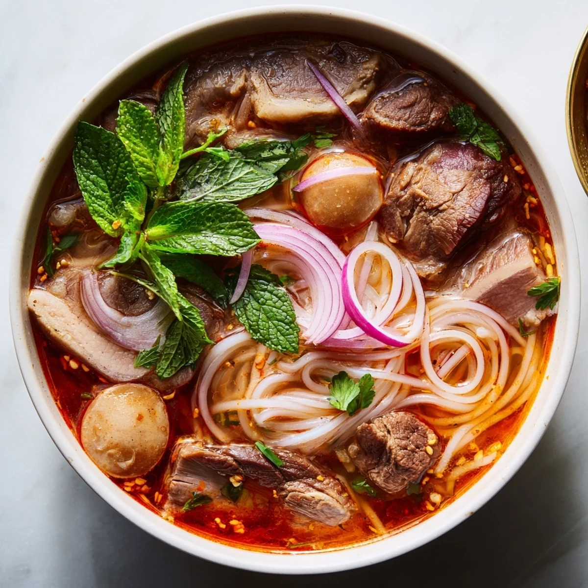 A close-up of Bun Bo Hue with aromatic broth, pork slices, and a drizzle of vibrant chili oil.