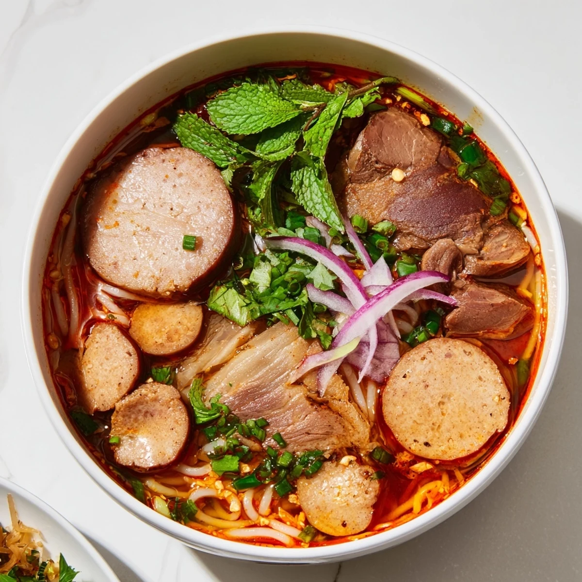 Spicy Bun Bo Hue noodle soup garnished with lime wedges, bean sprouts, and fresh cilantro leaves.