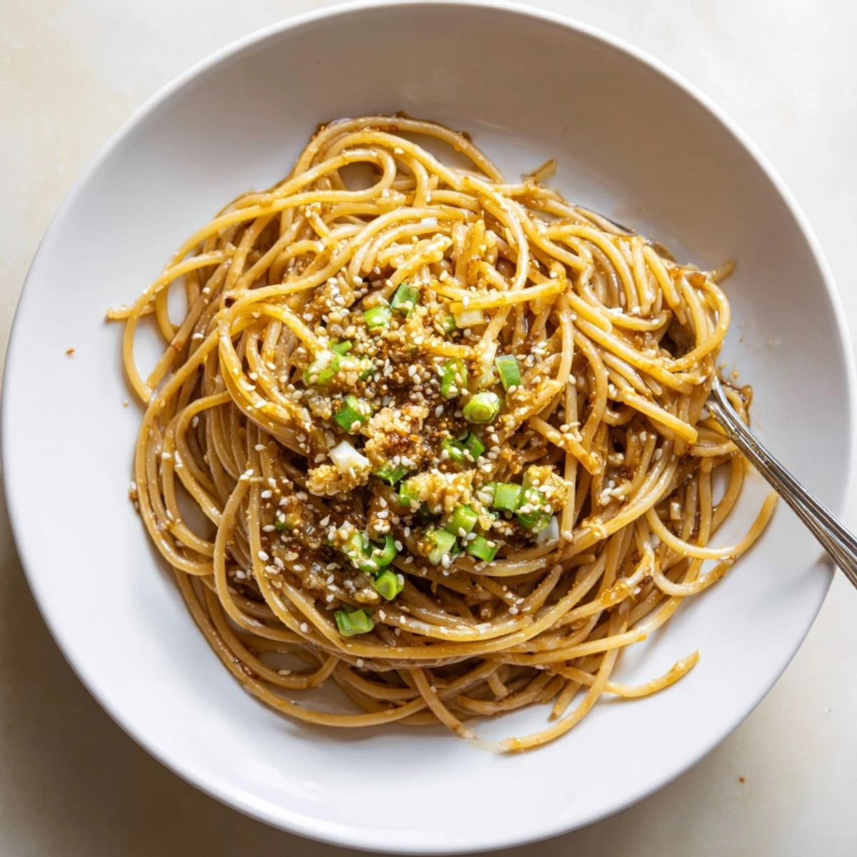 Garlic Noodles served in a skillet with Parmesan and sesame seeds, ready to be paired with iced green tea.