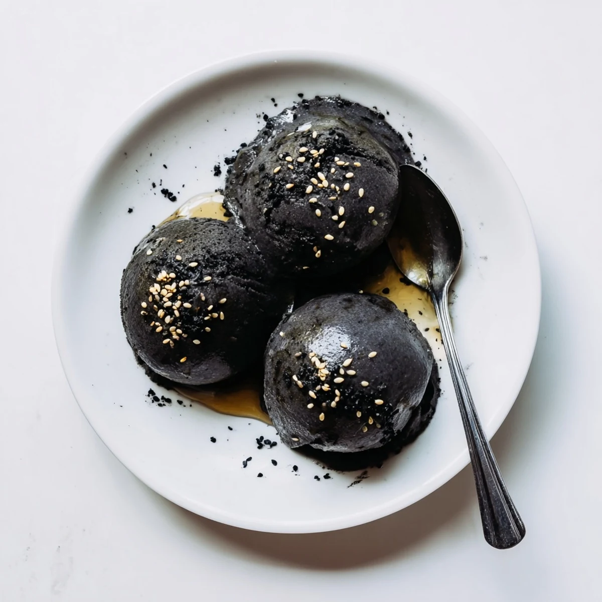 A scoop of Toasted Black Sesame Ice Cream in a ceramic bowl, topped with sesame seeds and a honey drizzle, served beside a wafer cookie.