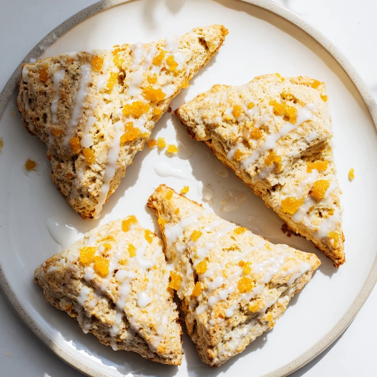 Warm golden Candied Ginger Orange Scones beside a steaming cup of tea on a cozy breakfast table.