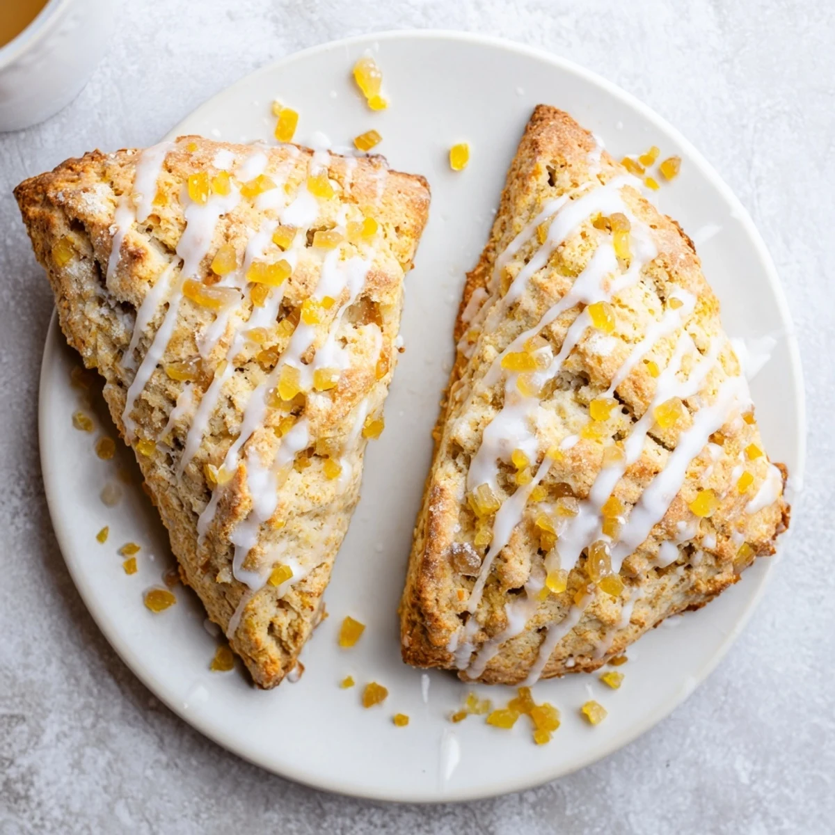 Crumbly tender Candied Ginger Orange Scones with candied ginger pieces and vibrant orange zest visible.