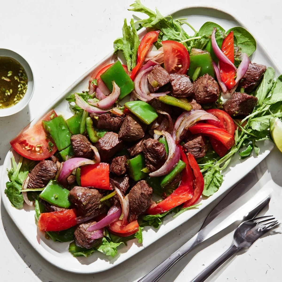 Colorful Vietnamese Shaking Beef stir-fry sits beside steamed rice and a bright lime dipping sauce.