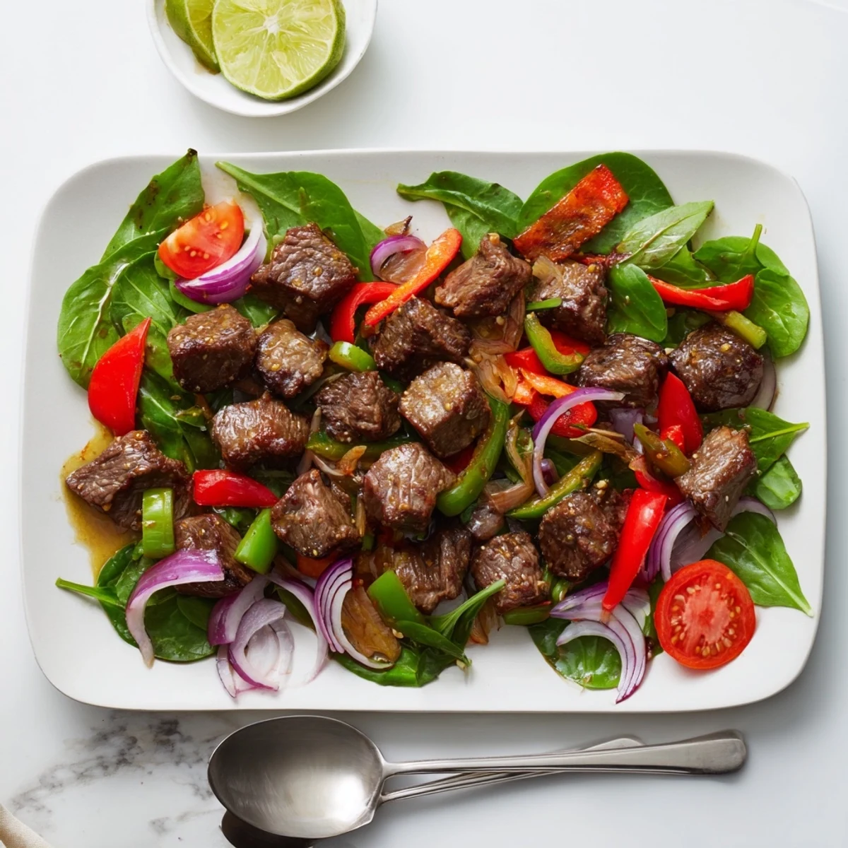 Juicy cubes of Vietnamese Shaking Beef sizzle on a platter with crisp bell peppers and fresh watercress.