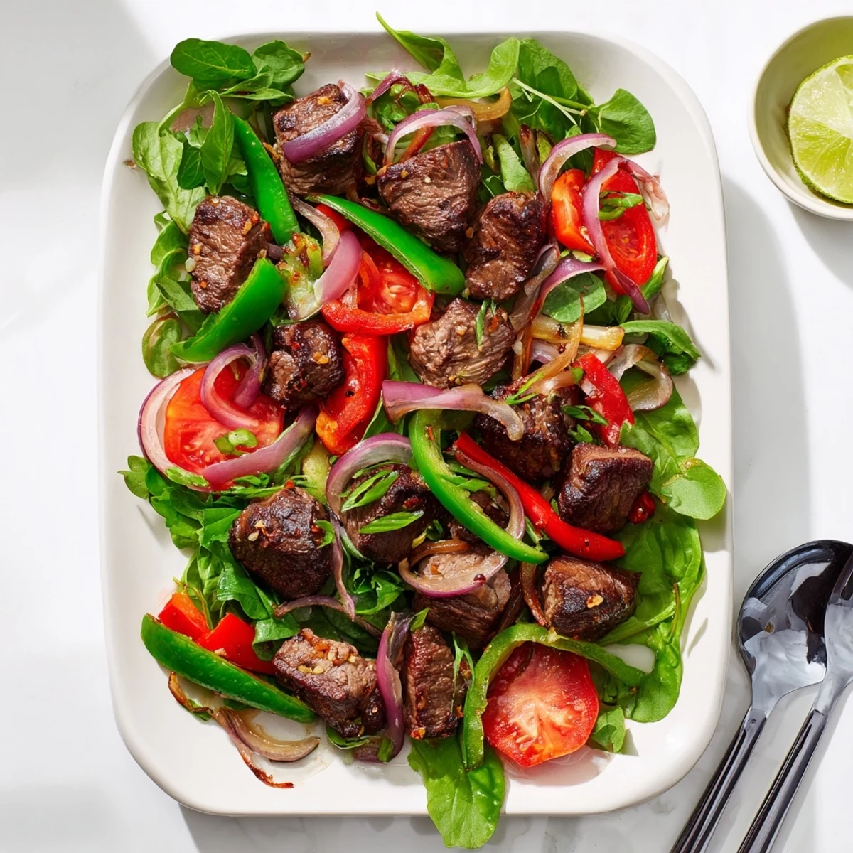 Tender Vietnamese Shaking Beef served over greens and tomatoes, accompanied by fragrant jasmine rice and zesty sauce.