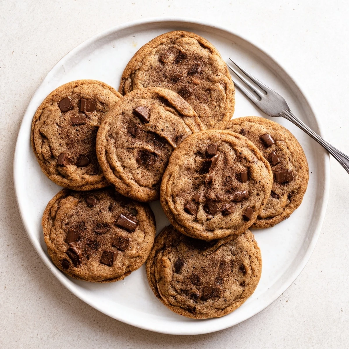 Freshly baked Chai Spiced Chocolate Chip Cookies with melty chocolate chips and warm, aromatic spices on a rustic wooden board.