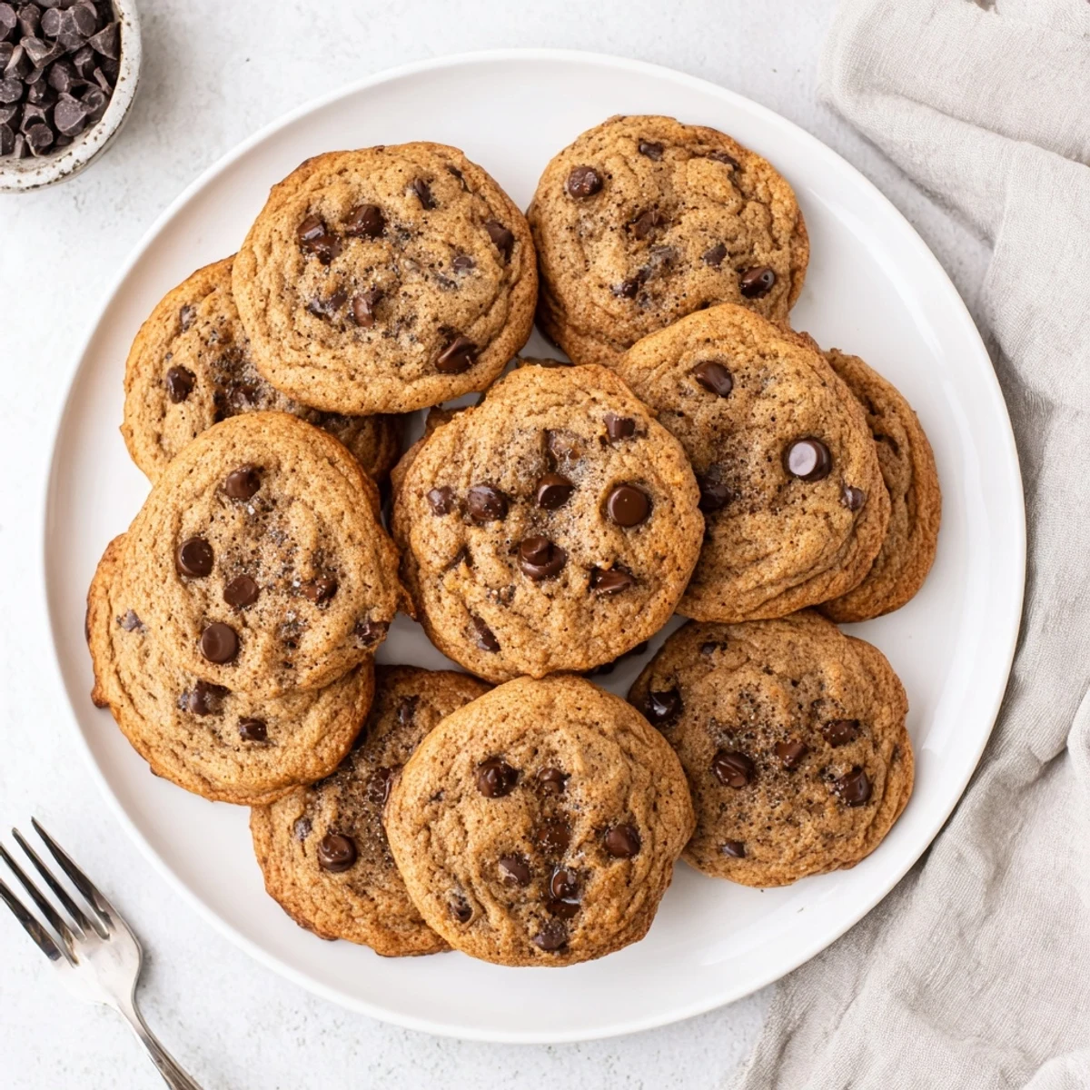 Close-up of Chai Spiced Chocolate Chip Cookies with visible cinnamon and cardamom flecks, paired with a steaming mug of chai.