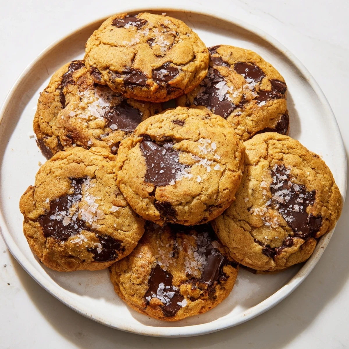 Freshly baked Miso Chocolate Chip Cookies with a caramel-colored edge and a soft center on a wooden board.