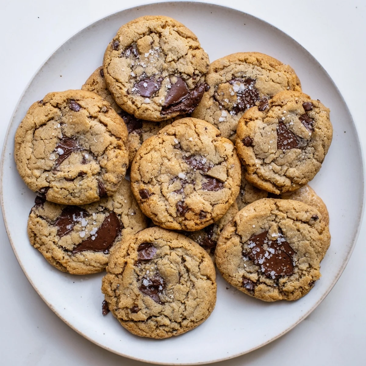 Golden-brown Miso Chocolate Chip Cookies with melty chocolate chips are sprinkled with flaky sea salt on a rustic tray.