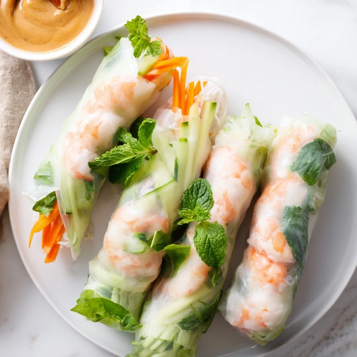 Fresh Vietnamese Spring Rolls filled with crisp shrimp, vegetables, herbs, and noodles, served with a creamy peanut dipping sauce.