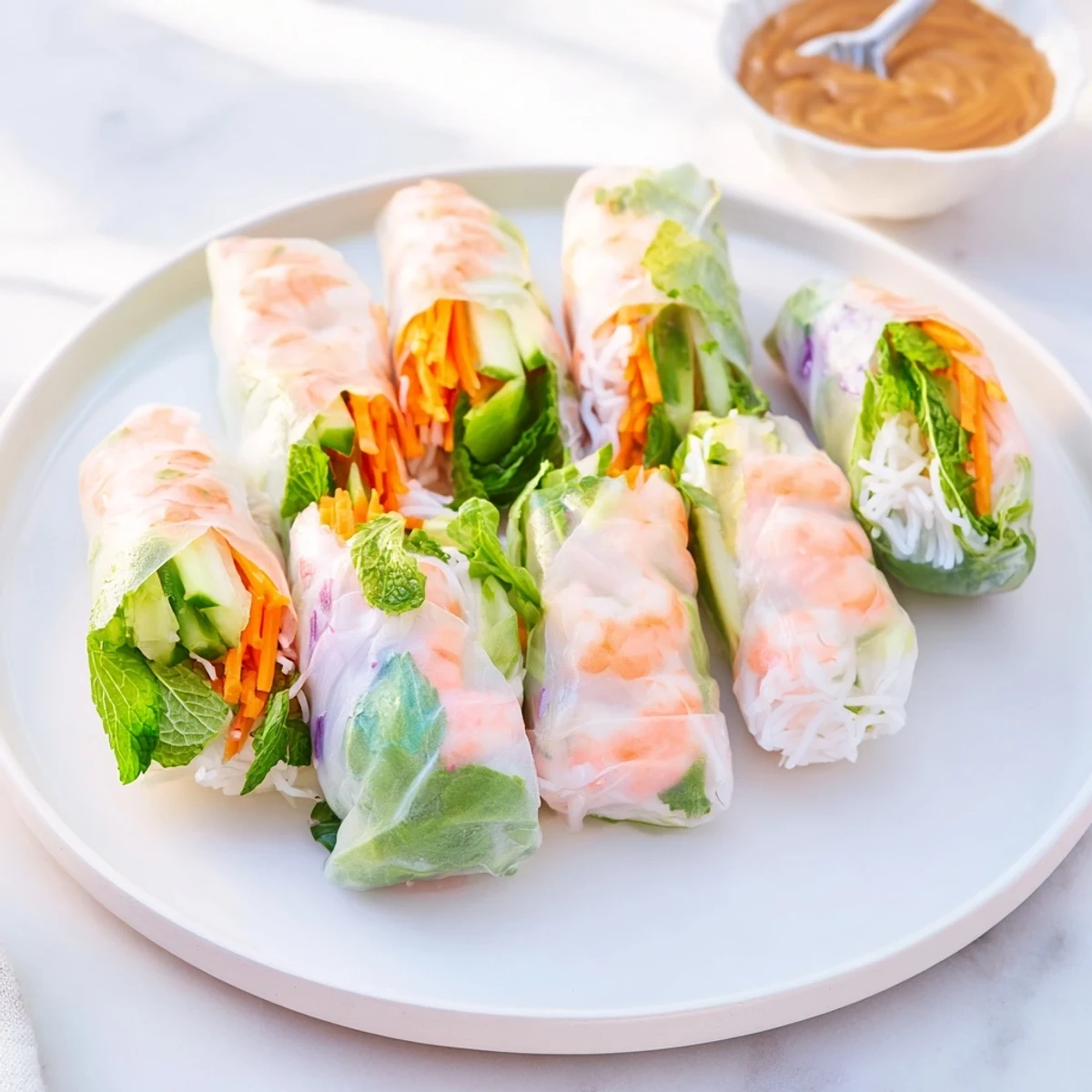 Colorful Vietnamese Spring Rolls on a white plate with a small bowl of peanut sauce, perfect for a healthy snack.