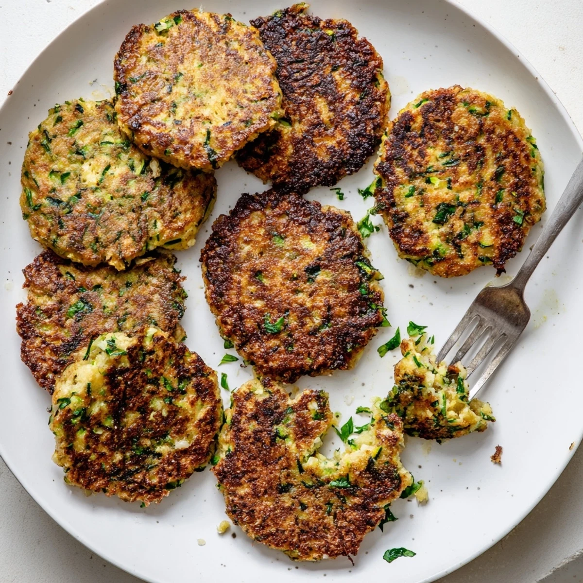 Golden-brown Chickpea Zucchini Fritters sizzling in a skillet, with fresh lemon wedges and creamy tzatziki dip nearby.