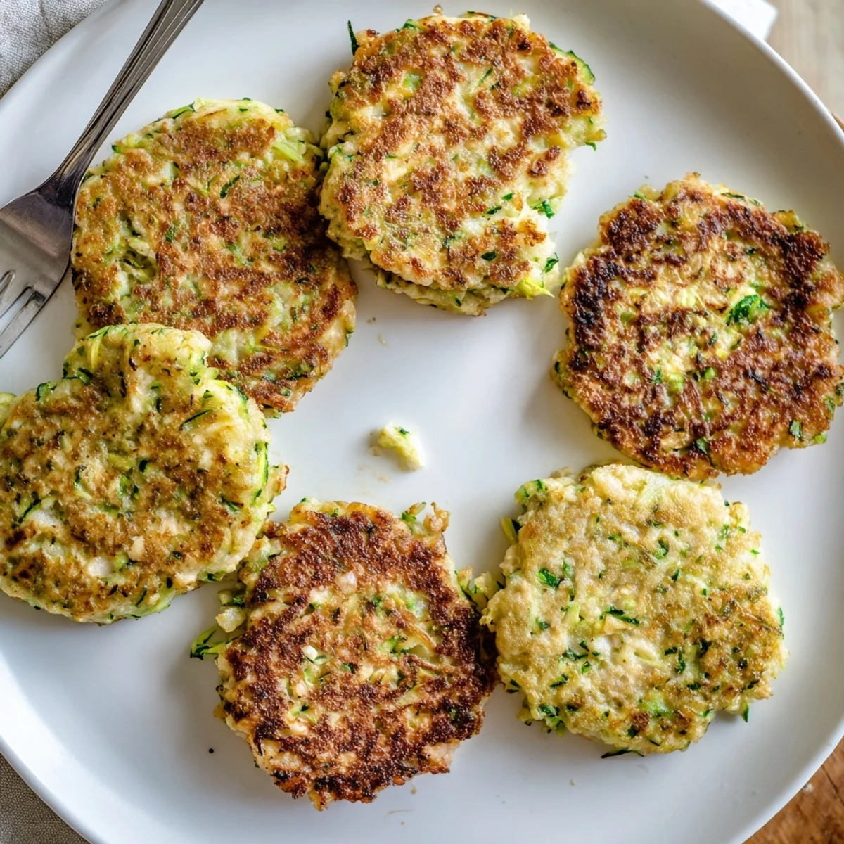 Close-up of crispy-edged Chickpea Zucchini Fritters resting on a white plate, drizzled with tahini sauce.