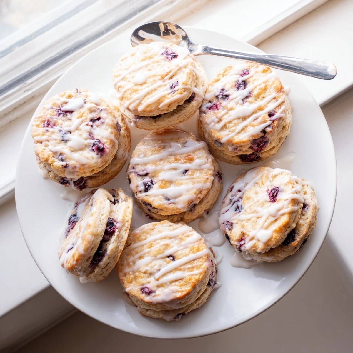 Freshly baked Nakishas Blueberry Biscuits with a sweet vanilla glaze on a rustic table.