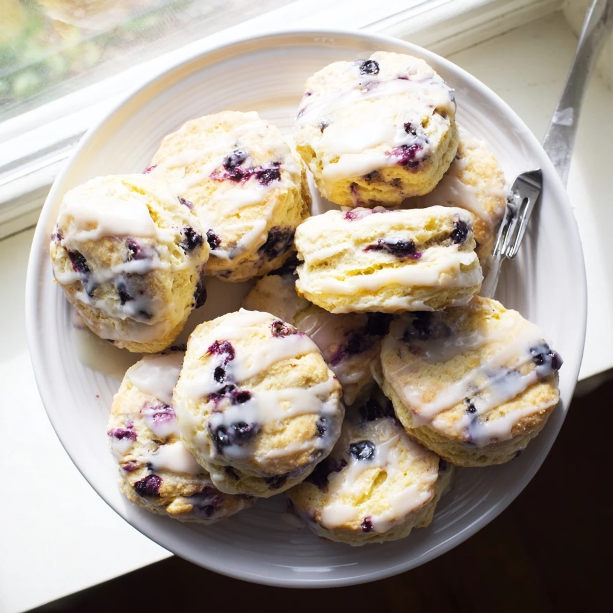 A close-up of fluffy Nakishas Blueberry Biscuits bursting with juicy blueberries and drizzled glaze.