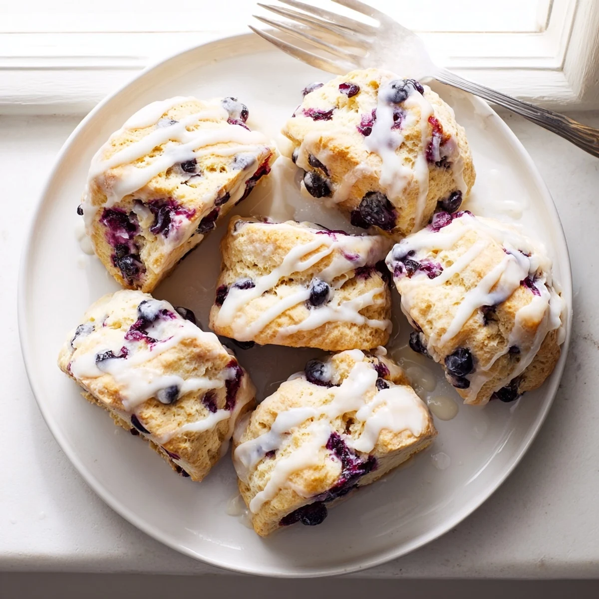 Warm golden Nakishas Blueberry Biscuits served with a glass of milk for breakfast.
