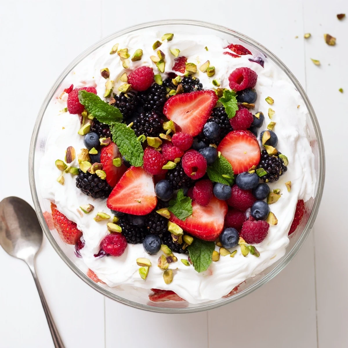 A spoon dips into Fluffy Yogurt Cloud Dessert with Berries and Cream, revealing its light, whipped texture.