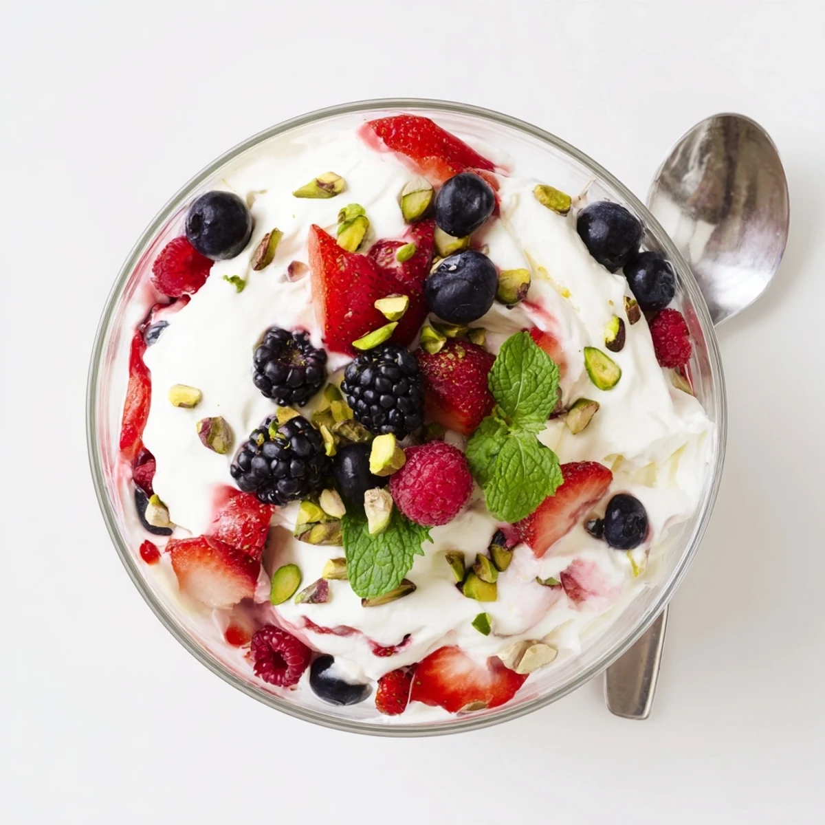 Fluffy Yogurt Cloud Dessert with Berries and Cream layered in clear glasses showing vibrant red and blue berries.