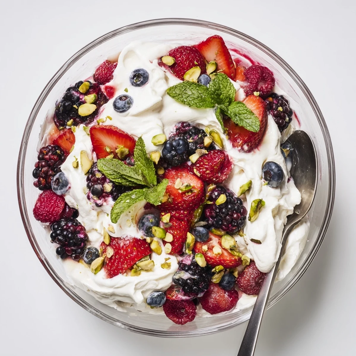 Fluffy Yogurt Cloud Dessert with Berries and Cream garnished with fresh mint and chopped pistachios on top.