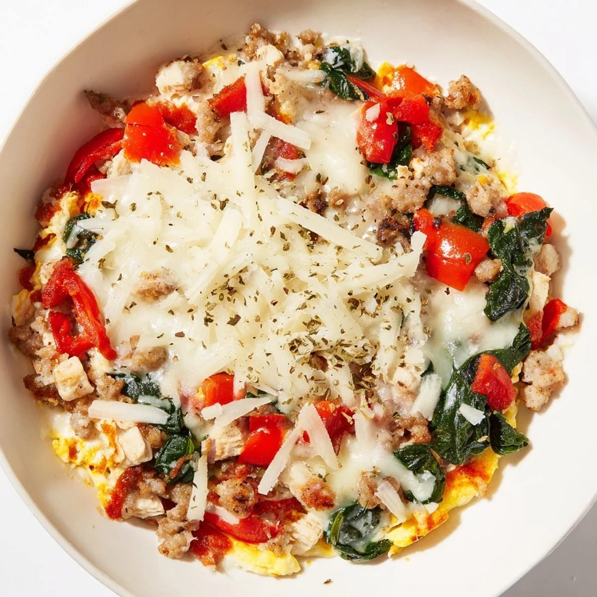 This High Protein Breakfast Pizza Bowl Cheesy Delight shows a hearty serving with chunky chicken, red peppers, and bubbly marinara sauce.