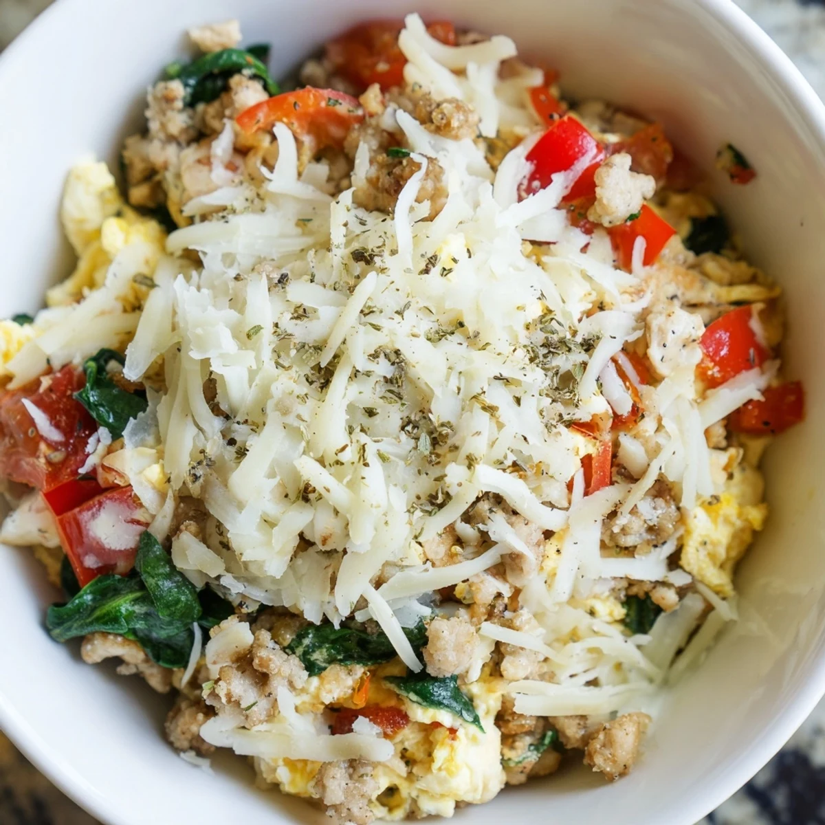 A close-up of the High Protein Breakfast Pizza Bowl Cheesy Delight, featuring fluffy eggs, melted mozzarella, and vibrant veggies on a plate.
