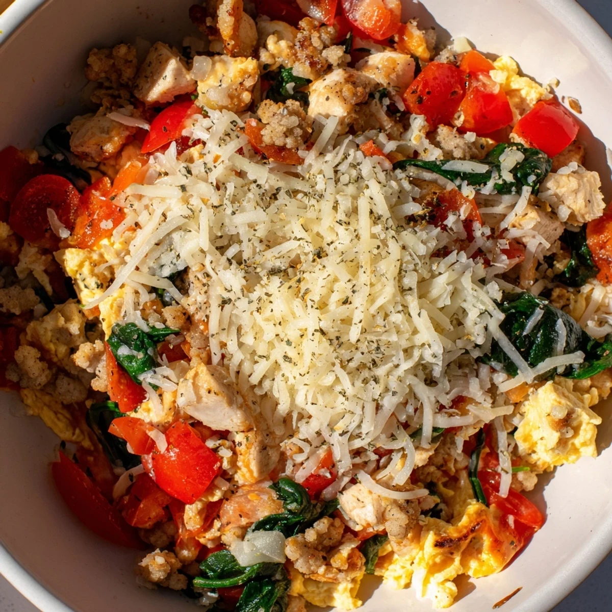 A delicious photo of the High Protein Breakfast Pizza Bowl Cheesy Delight, garnished with fresh basil and ready for a savory breakfast.