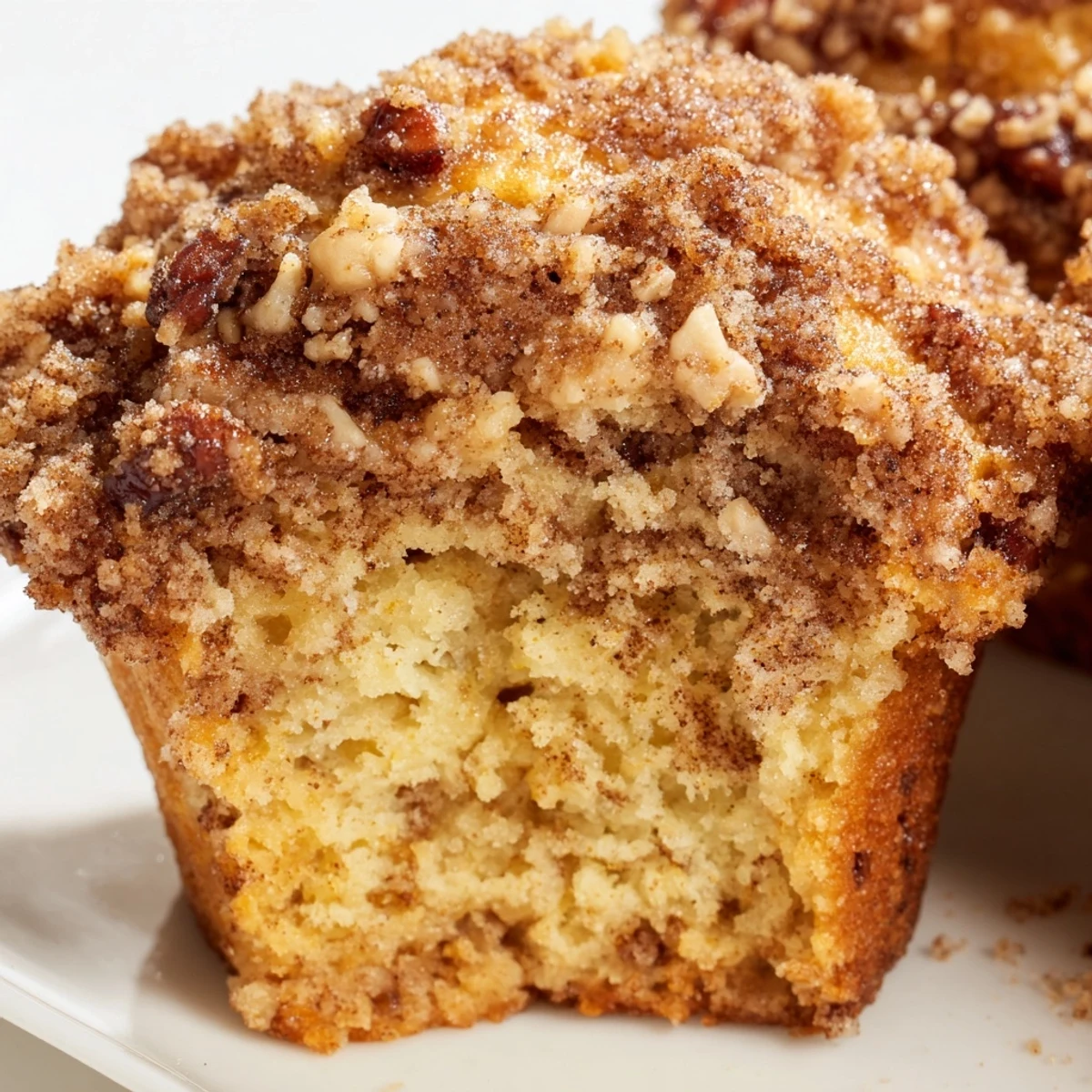 Twelve warm Cinnamon Muffins with Crunch Topping sit on a cooling rack, their pecan-speckled tops glistening in morning light.