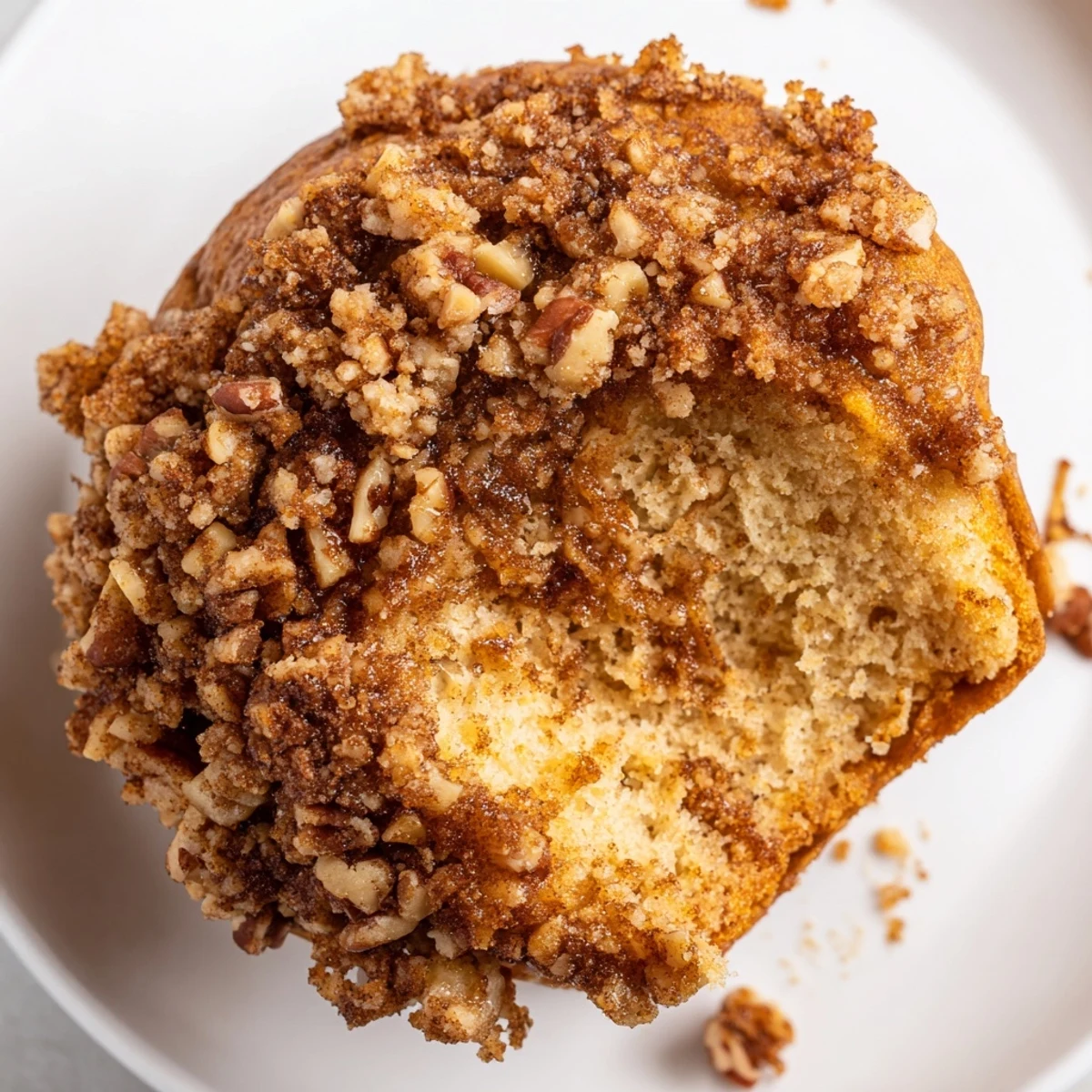 Freshly baked Cinnamon Muffins with Crunch Topping are arranged on a ceramic plate beside a steaming mug of coffee.