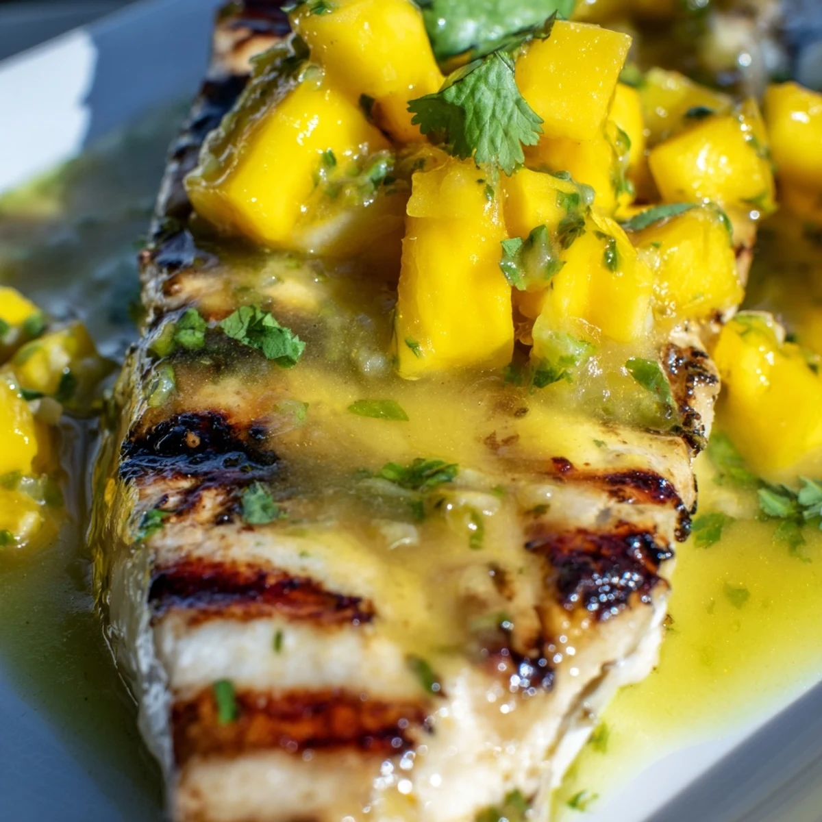 Grilled mahi mahi mango lime butter delight with golden char marks and fresh cilantro garnish.