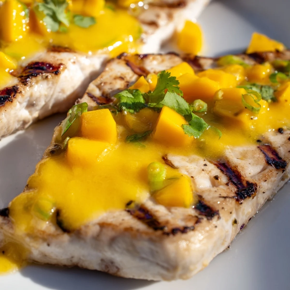 Flaky mahi mahi mango lime butter grilled seafood delight served with lime wedges on a plate.