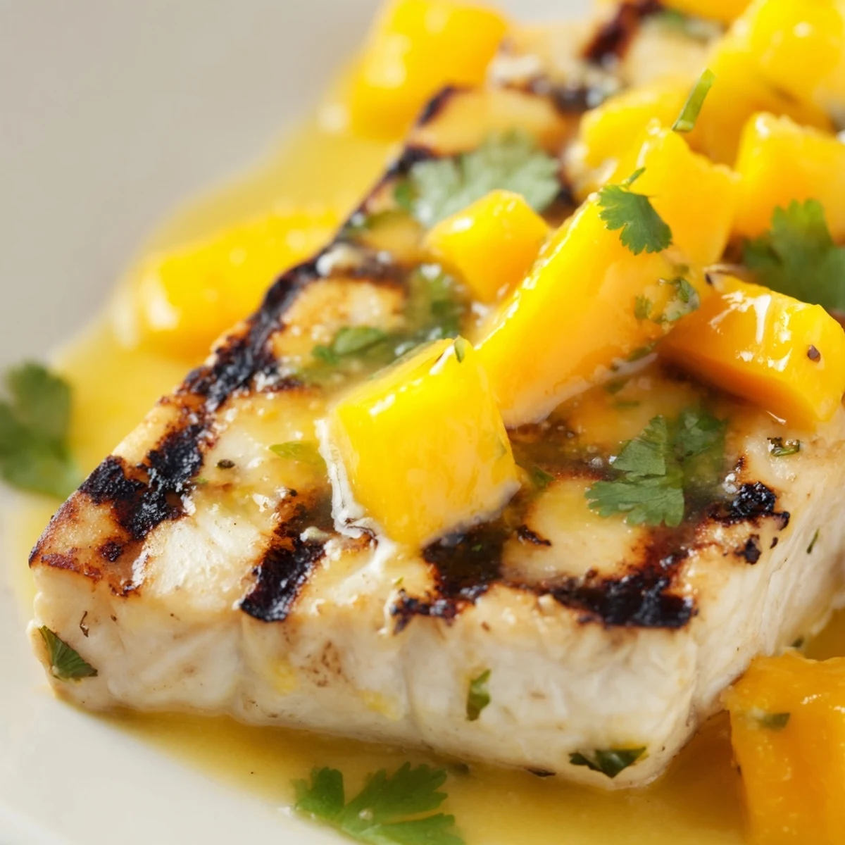 Juicy grilled mahi mahi mango lime butter delight topped with glossy tropical sauce and cilantro.