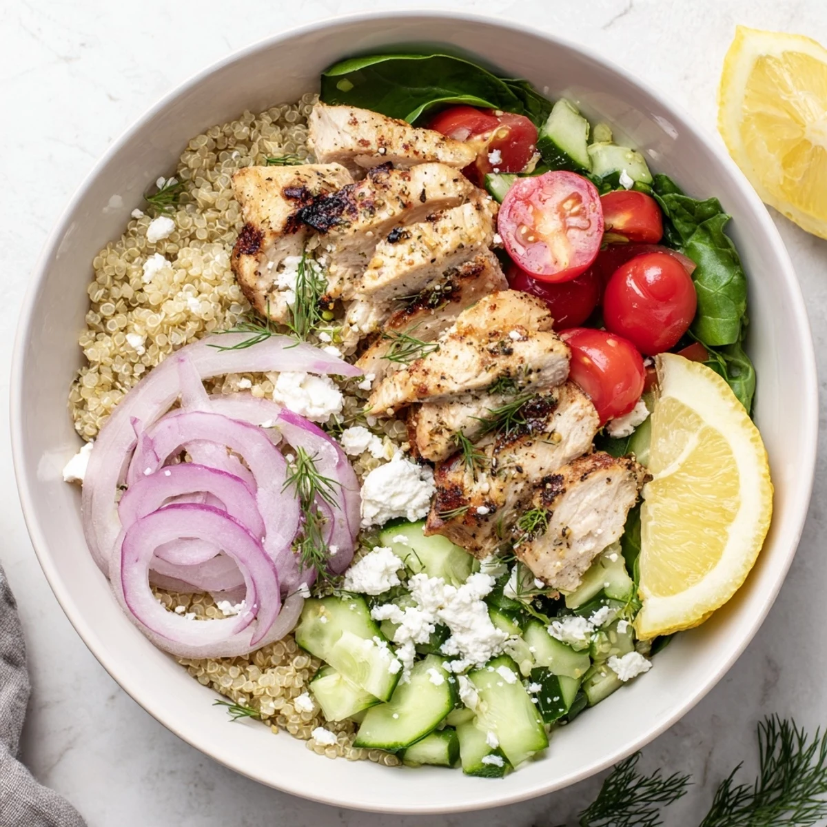 Juicy grilled chicken slices over fluffy quinoa with fresh veggies in a vibrant Lemon Herb Grilled Chicken Quinoa Bowl.