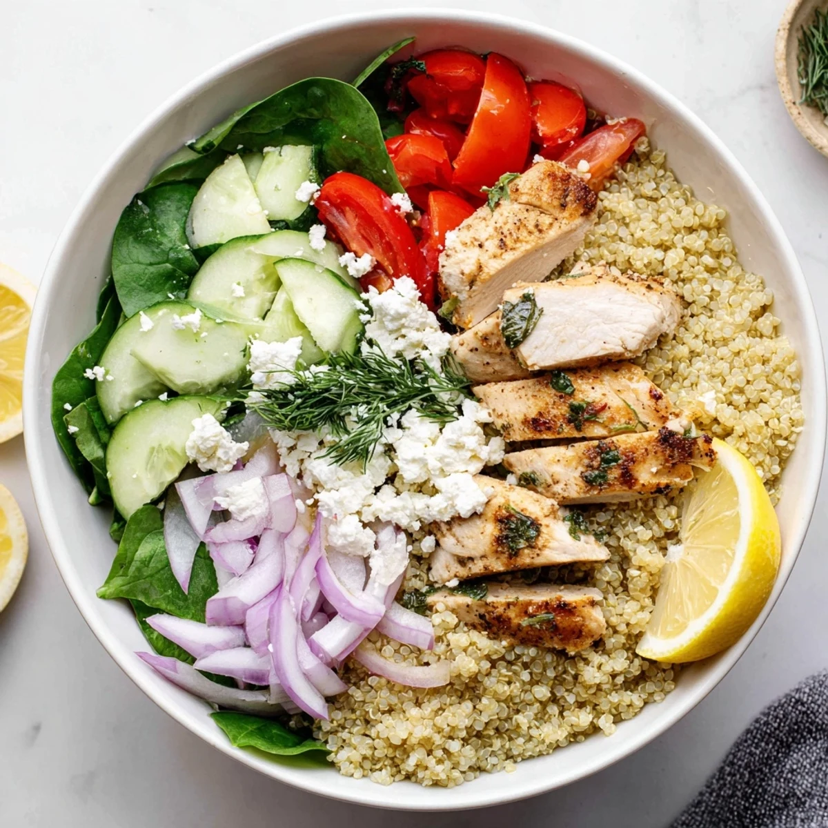 Healthy Mediterranean-inspired Lemon Herb Grilled Chicken Quinoa Bowl served with lemon wedges and feta, perfect for a light dinner.