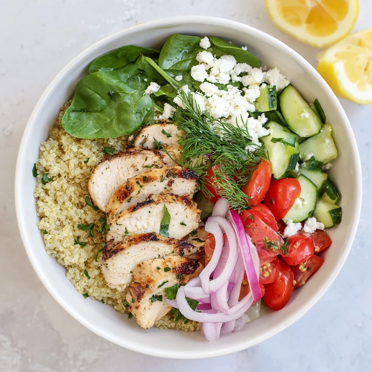 Colorful Lemon Herb Grilled Chicken Quinoa Bowl with cherry tomatoes, cucumber, and spinach on a rustic wooden table.