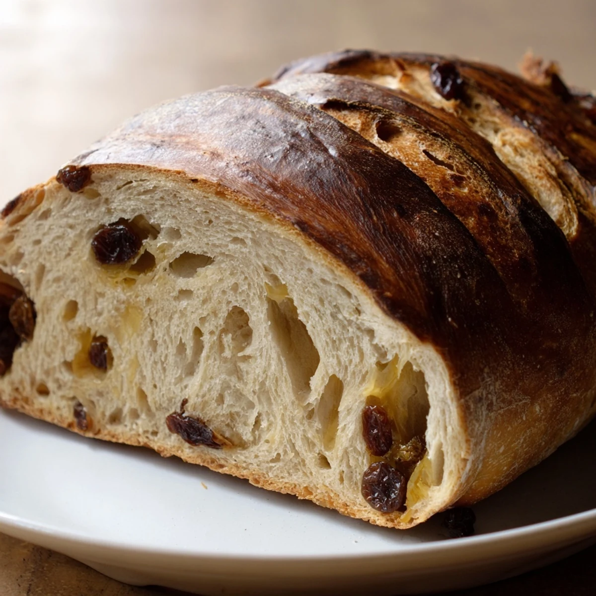 A freshly baked loaf of Cinnamon Raisin Artisan Bread, sliced to reveal the moist interior speckled with plump, sweet raisins. The golden-brown crust and rustic appearance suggest a perfect breakfast or afternoon snack.