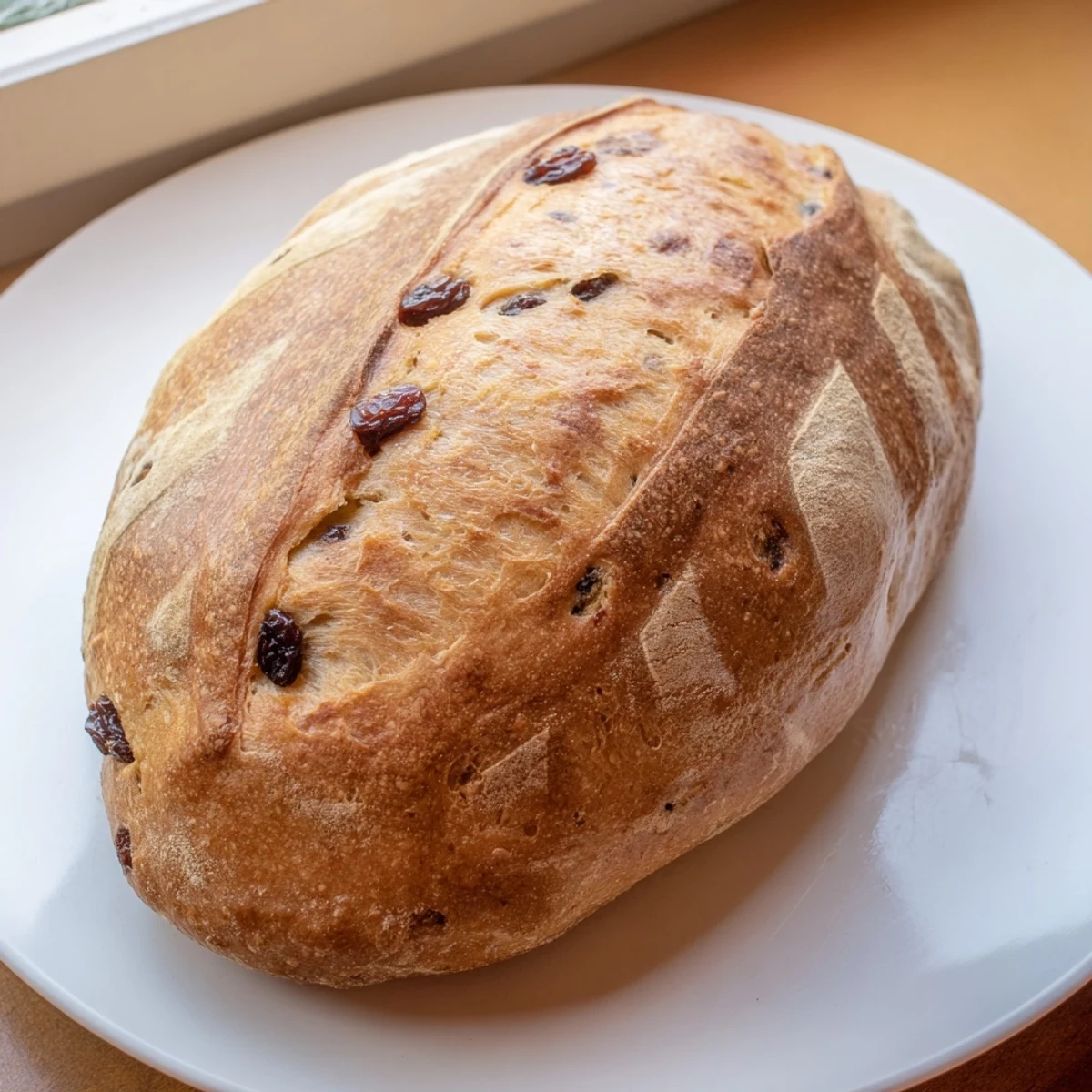 The golden-brown crust of this rustic Cinnamon Raisin Artisan Bread, with visible cinnamon swirls and plump raisins, sits on a wooden cutting board ready for slicing. Ideal for toasting and serving with butter.
