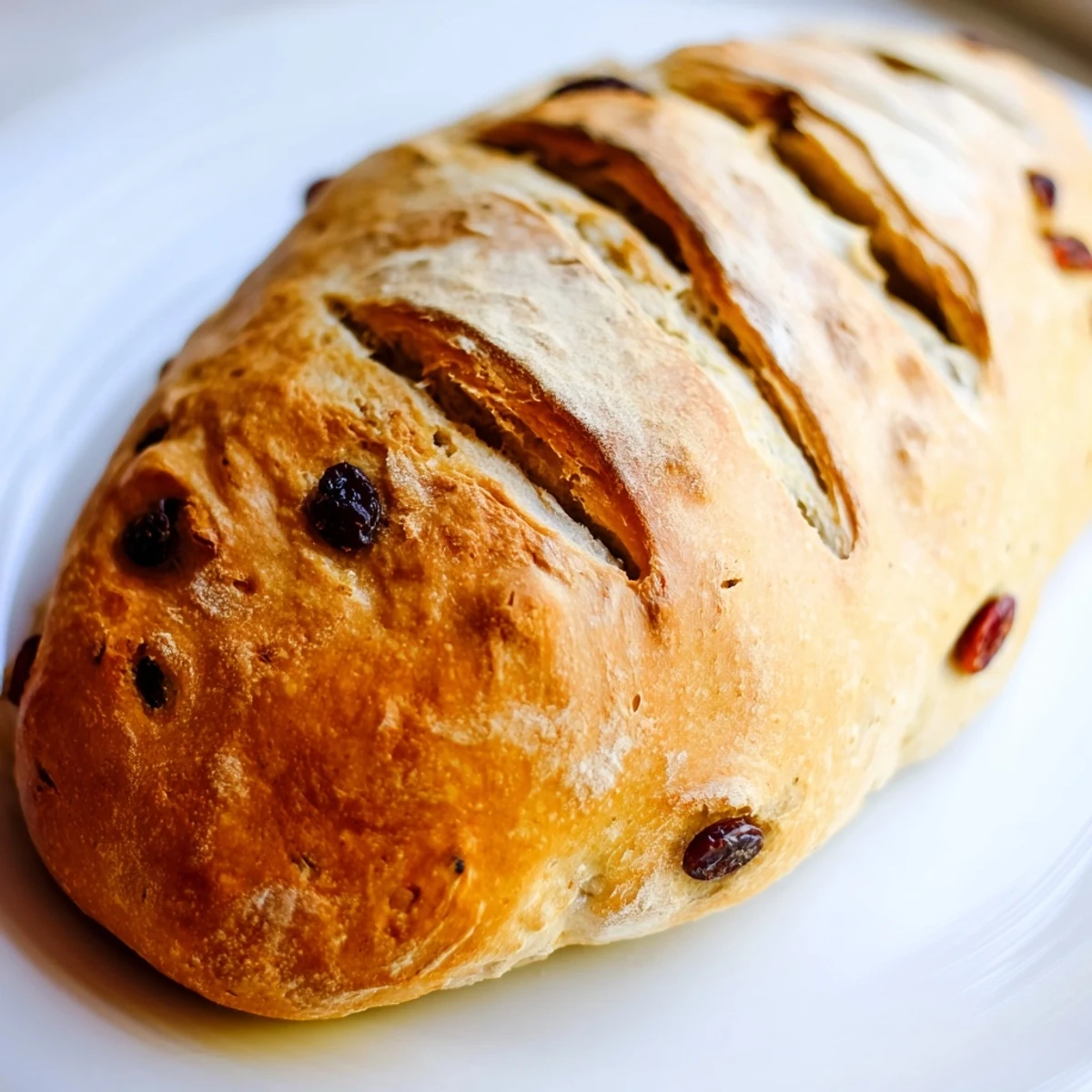 A close-up view of a slice of Cinnamon Raisin Artisan Bread, highlighting the tender crumb and abundant raisins. The warm cinnamon aroma is implied by the beautifully baked, inviting texture.