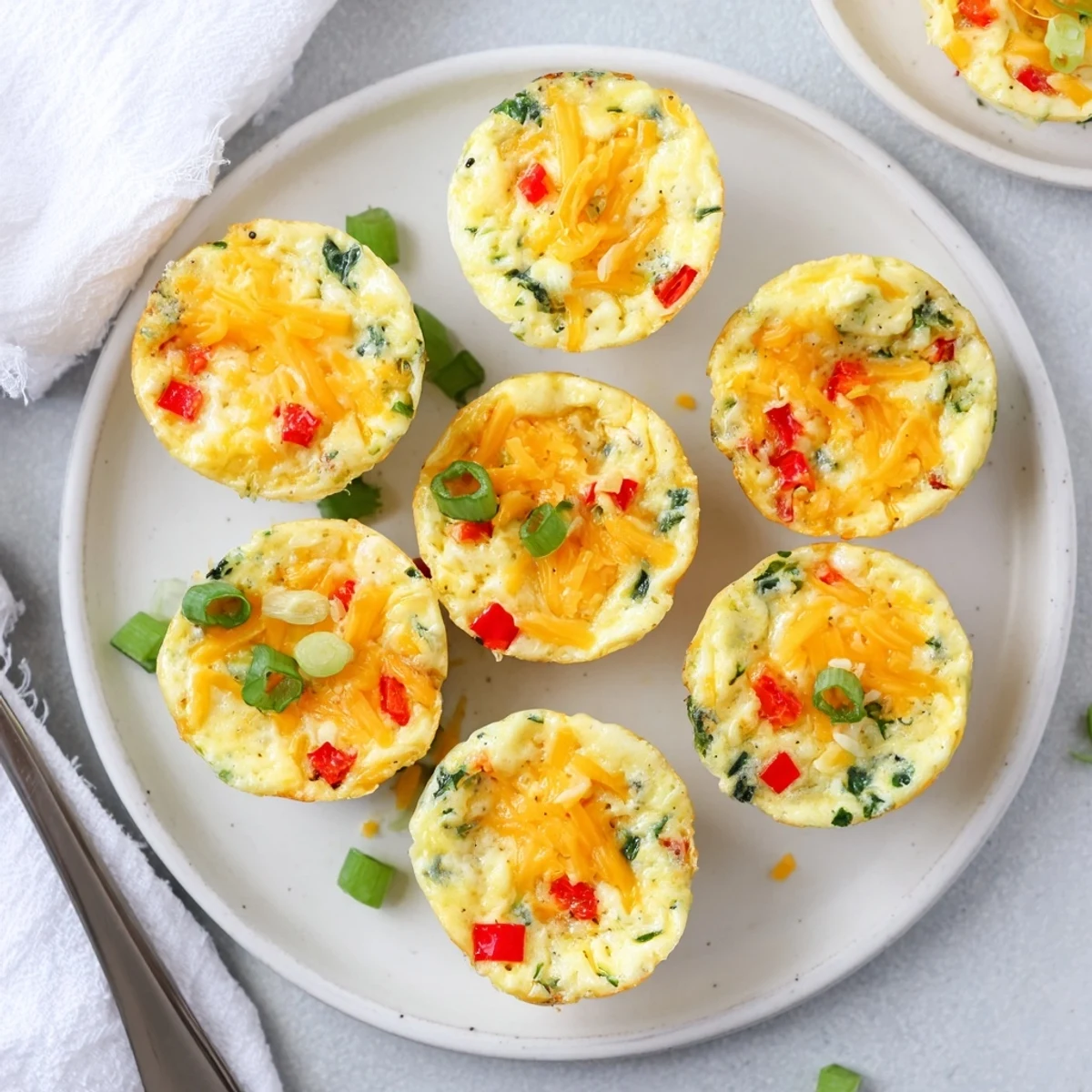 Golden-brown Muffin Tin Cottage Cheese Egg Bites with spinach and red pepper flecks, ready to serve warm for a protein-rich breakfast.