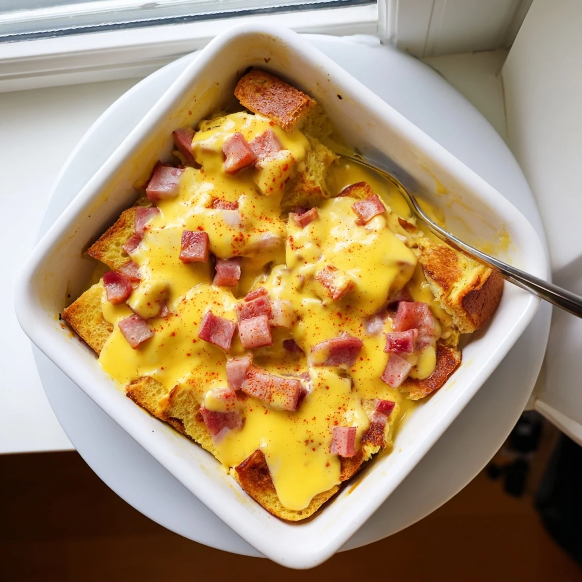A close-up of Eggs Benedict Casserole in a baking dish, golden brown and topped with silky hollandaise sauce served in slices.