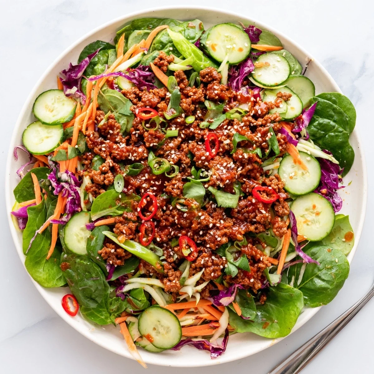 A vibrant close-up of the Satisfy Your Cravings Spicy Keto Korean Ground Beef Salad topped with toasted sesame seeds and fresh green onions.