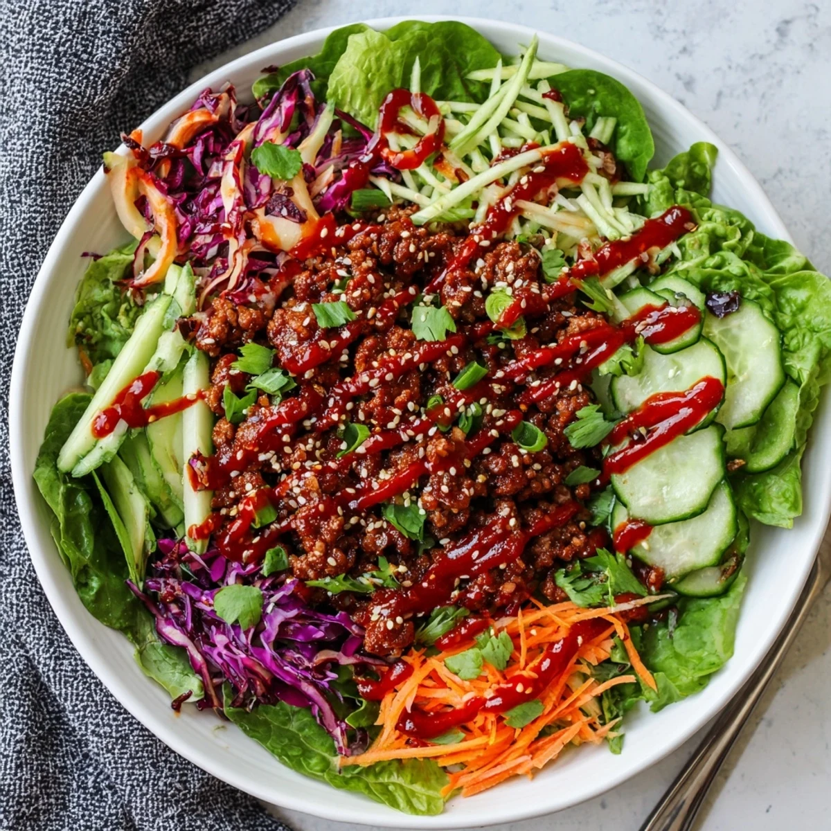 For the Satisfy Your Cravings Spicy Keto Korean Ground Beef Salad, plate colorful veggies and spicy meat with chili slices and cilantro for a bold flavor.